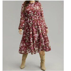 Boomchic New Floral Print Belted Tiered Pleated Semi Sheer Sleeve Midi Dress